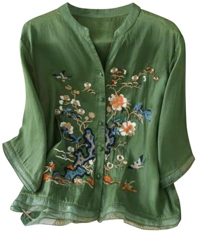 Generico Camicia da Donna in Cotone Estive Camicette Maniche 3/4 Elegante Girocollo Magliette di Lino Traspirante Camice Ricamo Vintage Classico T-Shirt Tinta Unita Blusa Top Taglie Forti Comoda