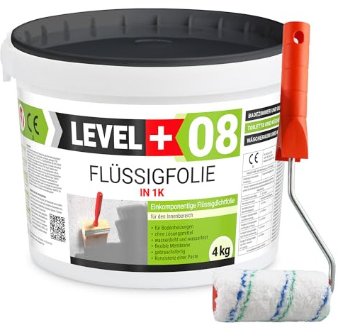 Level Plus 08 Lámina líquida de sellado, 4 kg de masilla impermeable, barrera de agua, sellado bajo azulejos, baño, ducha, cocina con rodillo de pintura 10 cm