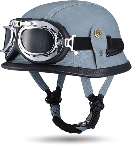 DCJDKCVKI Casque de Moto rétro en Cuir, Style Allemand, homologué ECE, pour Hommes et Femmes, Vintage, Ouvert, avec Lunettes, Demi-Coque, pour Scooter et vélo