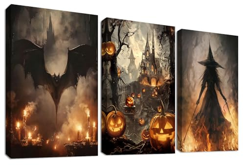 3 Pcs Wooden Framed Canvas Wall Art Halloween Pumpkins Spooky Castle Canvas Prints Black Bat Witch in the Fire Painting All Saints' Day Pictures for Bathroom Hallway Bar Wall Decor 30x40 cm x3pcs