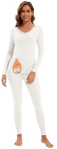 WOWENY Biancheria intima termica da donna, con scollo a V, calda, termica, traspirante, funzionale, V-bianco, M