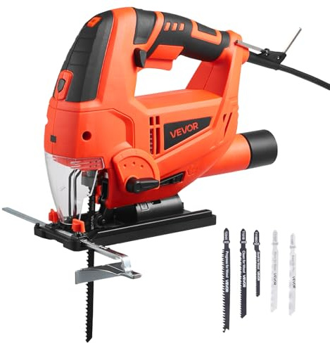 VEVOR 6.5 Amp Corded Jig Saw, 7/8 Jigsaw Tool for Woodworking, 3000 SPM & 6 Variable Speed, 0-45° Bevel Cuts, LED Light, 6 Blades, 4 Orbital Settings for Straight/Curve/Circle Cutting