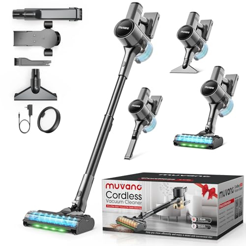 Muvano Akku Staubsauger Kabellos Cordless Vacuum Cleaner, 3 Reinigungsmodi 99,9% Filterleistung Akkustaubsauger mit Wandhalterung für Teppiche, Fliesen, Tierhaare, Parkett und Hartböden Schwarz