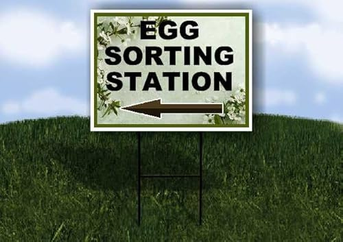 Egg Sorting Station Spring Flowers Sage Green Left Arrow Single Sided 18x24 in. Yard Road Sign w/Stand