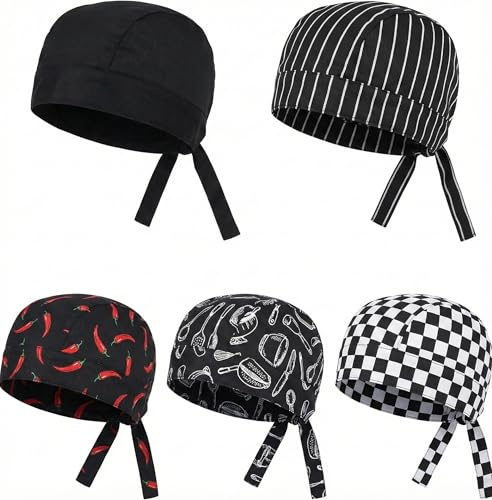 VertexOval 5 Piezas Gorros de Cocina Ajustables, Bandana Chef Unisex para Hombre y Mujer, Gorro Cocinero Profesional Estilo Japonés (Negro, Rayas, Chile, Cubiertos, Cuadros) para Restaurante Hostelerí