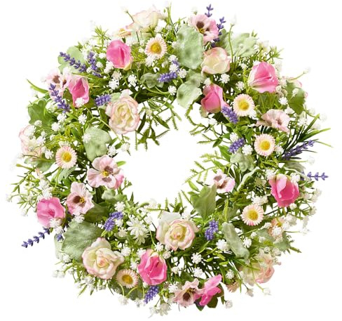 Künstlicher Frühlingsblumen-Kranz - Naturgetreuer Türkranz & Tischdeko mit Bellis, Gypso, Lavendel, Rosen & Viola - Hochwertige Seidenblumen-Deko (Pink/Creme/Lila, ⌀ 30 cm)