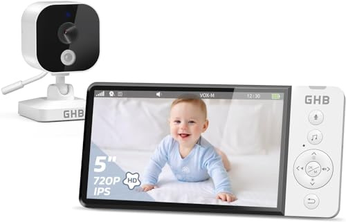 GHB Baby Monitor Video e Audio 5, Telecamera Neonato con Schermo IPS 5000mAh, Visione Notturna, Sensore di Temperatura, VOX, Ninnananna