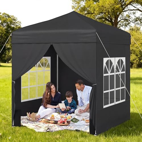 COSTWAY Pop Up paviljong 2 x 2 m, trädgårdspaviljong med avtagbara sidoväggar, metallram, genomskinliga fönster, 4 sandsäckar, rullväska, vikbar paviljong för grill, picknick, camping (svart)