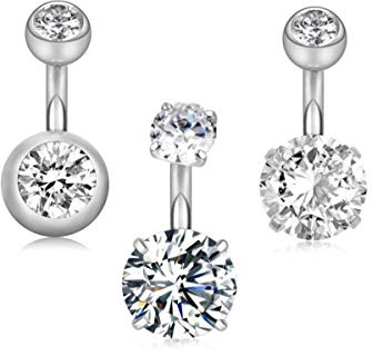YHMM 14G 1/4(6mm) Short Bar Surgical Steel Belly Button Rings Round Cubic Zirconia Navel Barbell Stud Body Piercing (6mm bar,3Pcs Silver)