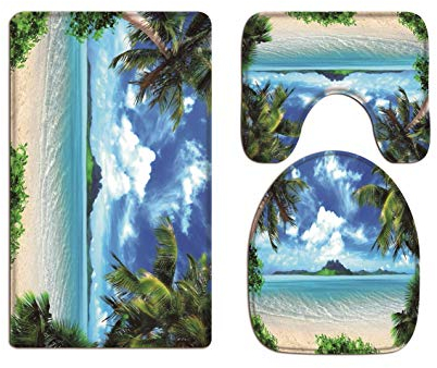A.Monamour Badezimmer Badematte 3 Teilig Set Tropische Insel Küste Strand Palmen Blauer Himmel Weiße Wolken Natur Landschaft Pads Für Flanell Saugfähig Badteppiche Badvorleger Badgarnitur WC Vorleger