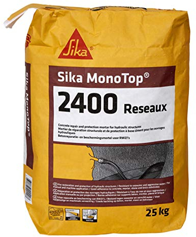 SIKA - Mortier de réparation des structures hydrauliques en béton - Sika Monotop 2400 Reseaux - Résistant eau de mer et eaux aggressives - Bonne adhérence sur béton, mortier, pierre et brique - 25kg