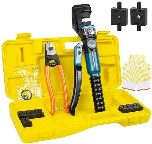 BLIKA 10 Ton Hydraulic Crimping Tool and Cable Cutter, Hydraulic Wire Battery Cable Lug Terminal Crimper Crimping Tool with 11 Dies, Wire Swaging Tool for 1/8 to 3/16 Cable Railing Hardware