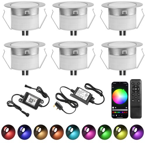 GEYUEYA Home LED Decking Lights RGB Ø45MM 12V 0.5W WiFi LED Decking Patio Lighting for Terrace Kitchen Outdoor Indoor Lamps with Remote Control - 6 Packs