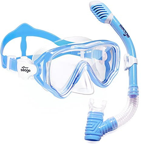 Seago Kids Snorkel Set Dry Top Snorkel Mask Snorkeling Gear for Kids Boys Girls Youth, No Leak Comfy Mouthpiece Anti-Fog 180° Panoramic View Scuba Diving Swim Pool Equipment Snorkeling Kit