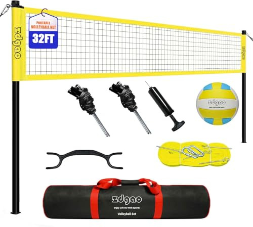 Volleyball Net Outdoor - Portable Volleyball Set for Backyard with Professional Volleyball Net, Wrap Yarn Volleyball and Pump, Boundary Line, Carry Bag (Classic Yellow)