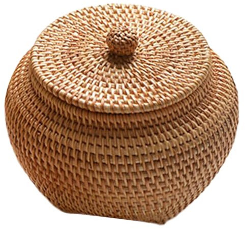 NIDONE Cestino di Rattan Con Coperchio, Cestino Rotondo Tessuto a Mano 6.3x5.5 Pollici Scatola Decorativa Scrivania per la Cucina Fattoria Casa