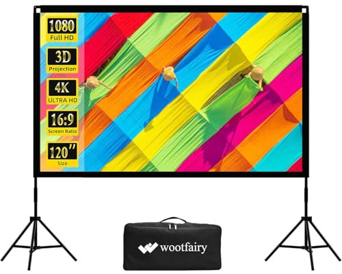 Schermo per proiettore con supporto, wootfairy 120 pollici, portatile e pieghevole, per interni ed esterni, 16:9, 4K, HD, schermo per film anteriore e posteriore, senza pieghe, con borsa per il