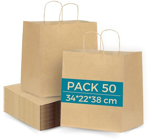 50 Sacs en Papier Kraft 34x22x38 cm avec Poignées | Sac Take Away : Sachet Alimentaire pour Emporter | Sac Cadeau pour Noël