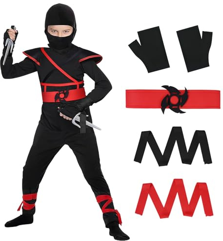 AOOWU Svarta ninja-kostymer för barn, ninja deluxe kostymer set med ninja skum tillbehör leksaker halloween kostym flickor pojke