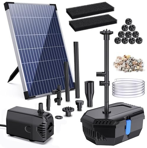 Biling 12W Solar Teichfilter mit Pump, 605 l/h Teichfilter Solarpumpe mit Schlauch 4 Düsen 5m Kabel DIY Wasserspiel, Solar Springbrunnen für Außen Teiche Fischtank, Wasserfall, Saubere Teichlösung
