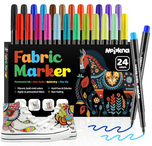 Moizkna 24 Textilstifte Waschmaschinenfest, Textilfarbe waschmaschinenfest, Waschfeste Stoff Marker für T-Shirt Stoffbeutel, Stoffmalstifte Ungiftig und Permanente- Für Kinder und Erwachsene