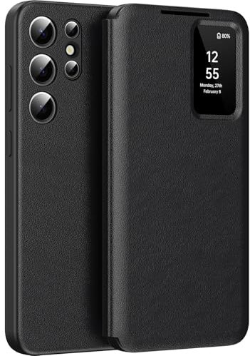 für Samsung S22 Ultra Smart View Hülle, Wallet Smartphone Case, für Samsung Galaxy S22 Ultra Handyhülle Clear View, Spiegel Flip, Kartenfach Cover, Sichtfenster, Galaxy S22 Ultra (Schwarz)