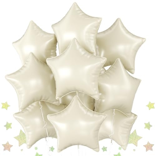 Cream Star Foil Balloons, 10PCS Cream White Foil Stars Shape Balloons, 18 Inch Beige Aluminum Balloon for Helium Pentagram Balloon for Birthday, Anniversary, Graduation, Baby Shower Party Decoration