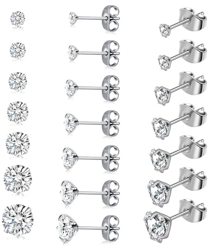 7Pairs Titanium Screw Back Stud Earrings Set for Women Men Hypoallergenic Surgical Steel 3A+ Cubic Zirconia Size:2/3/4/5/6/7/8mm Helix Piercing Jewelry Cartilage Earrings Studs for Sensitive Ears