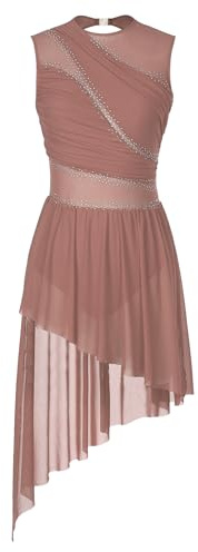 Miutii Abito da donna per pattinaggio su ghiaccio, senza maniche, con glitter, abito da balletto con gonna asimmetrica, lirico, abito da danza moderna e contemporanea, rosa antico, XS