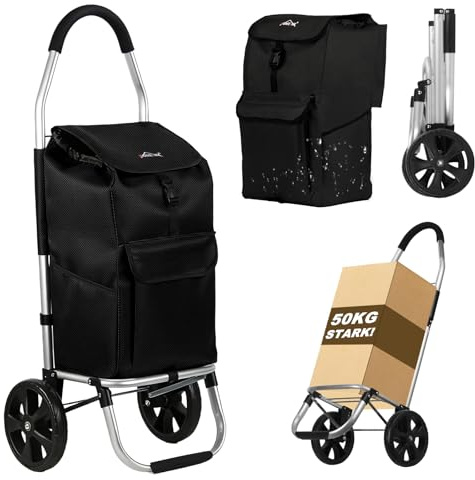Shoppingvagn, HOMELUX vikbar, stabil shoppingvagn, stor kapacitet 41 L, multifunktionell, handvagn med hjul, avtagbar väska, svart 241