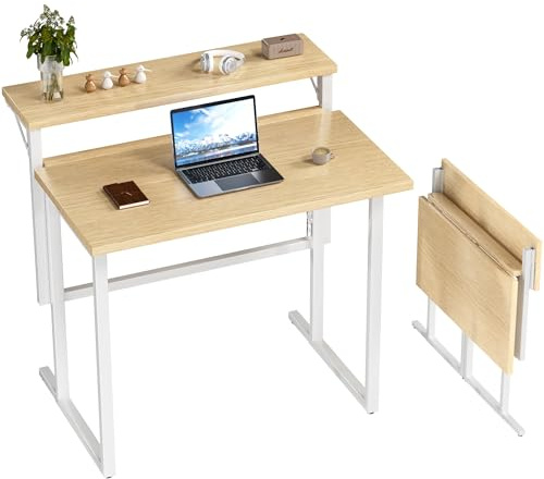 JUMMICO Scrivania Pieghevole, Piccola Scrivania Con Supporto Per Monitor, Tavolo Pieghevole A 2 Livelli Per Casa, Ufficio, Scuola, Scrivania Per Computer Per Spazi Ridotti, Rovere
