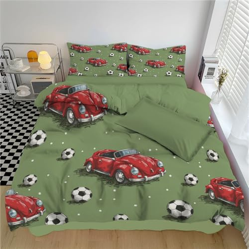 Funda Nórdica con Tema Deportivo - 135X200Cm - Diseño Reversible - 2 Fundas De Almohada - Patrón Coche Rojo Y Balón Fútbol - Ropa De Cama Verde