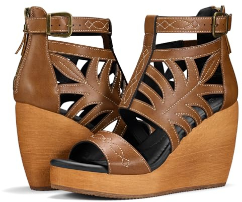 Rollda Women's Wedge Sandals, Platform Sandals High Heels for Women, Fashion Dressy Casual Sandals, Comfortable Open Toe Brown Summer Shoes with Back Zipper Design, Adjustable Ankle Strap, Size 7.5