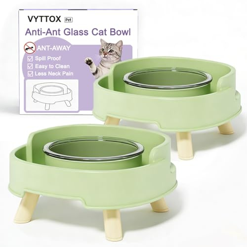 Ant Proof Cat Food Bowl, Elevated Pet Glass Dish with Deep Anti Ant Moat Stand, Stress Neck Free, Non-Spill Food and Water Bowls for Outdoor & Indoor Cats/Small Dogs, Double Bowls Set-Green
