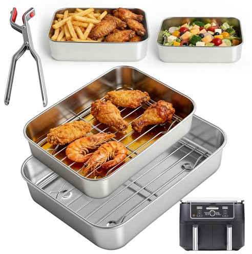2 teglia quadrata Airfyer, in acciaio inox Brownie con griglia di scolapiatti e clip di isolamento termico, perfetto per lasagne brownie torte, non tossico, friggitrice ad aria calda per Ninja, Cosori