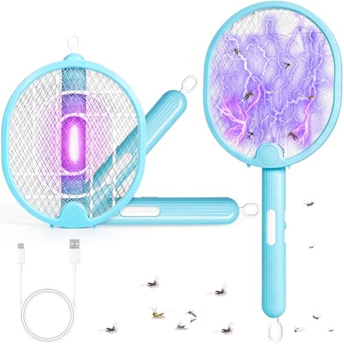 YGVQN Raqueta Eléctrica Anti-Mosquitos Extra Potente 3000V, 3 en 1 con Luz UV Atractiva, Matamoscas Eléctrico Recargable USB-C, Silencioso, Plegable y Seguro para Dormitorio, Cocina y Jardín (Azul)
