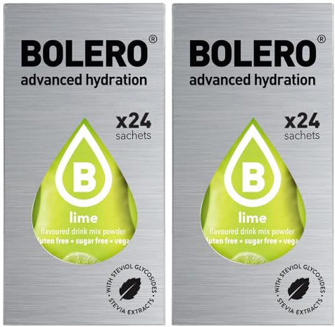 SET 48 BOLERO DA 3 GRAMMI Lime Preparato istantaneo polvere solubile in bustine Sticks per Bevande con Stevia e Vitamina C e Senza Zucchero ideale per fitness e diete