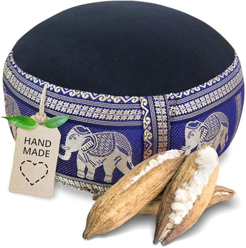 livasia Meditationskissen Thaiseide - Ø 32x20cm - Yogakissen klein mit Kapok, Pouf, Bodenkissen Yoga Zen Meditation, Sitzkissen Garten Balkon, Zafukissen handgefertigt (Schwarz/Blau/Elefanten Seide)