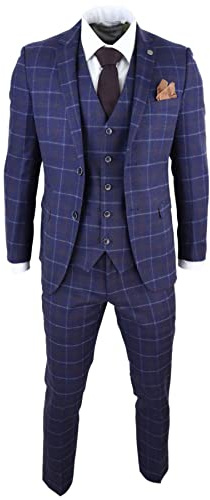 Mens 3 Piece Blue Suit Herringbone Tweed Check Tailored Fit 1920s Wedding Prom