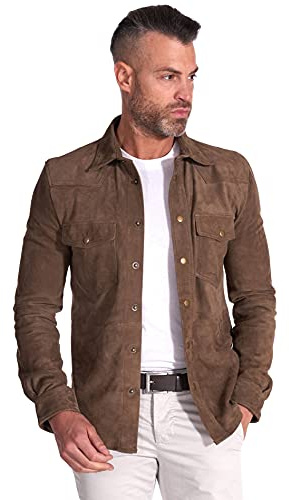 D'Arienzo Camicia Pelle Scamosciata Fango Uomo Giacca Renna Vera Pelle Calvin 50/Fango