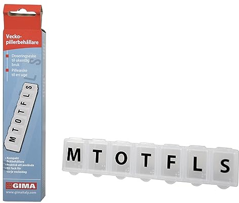 Gima, Portapillole Settimanale, bianco, a 7 scomparti con i giorni in svedese, norvegese e danese, in plastica resistente, 25833