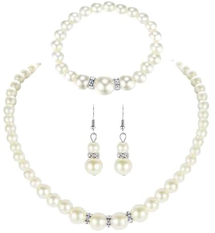 Dishowme Boda collar de perlas pendientes conjunto cristal nupcial imitación perla colgante collar pulsera cuelga joyería para mujeres Grils novias damas de honor (Plateado)