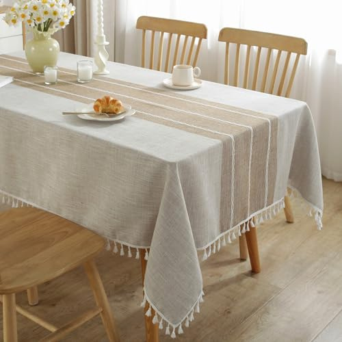 JIALE Tablecloths for Rectangle Tables, Cotton Linen Table Cloth Waterproof Tablecloth Wrinkle Free Farmhouse Dining Tables Cover, Soft Fabric Table Cloths with Tassels, Brown, 55 X 70, 4-6 Seats