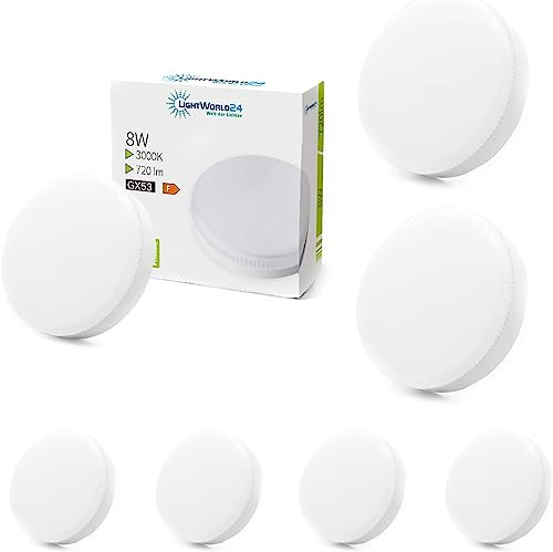 LIGHTWORLD24 Lampadina LED GX53 Bianco Caldo 3000K, 8W Lampadina per Armadio, Sostituisce Lampade Alogene GX53 60W, 230V 720lm, Angolo 120°, CRI > 80 Non Dimmabile, Confezione da 6