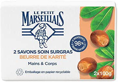 Le Petit Marseillais – Savon Soin Surgras Beurre de Karité (2 pains de 100 g) – Savon mains et corps avec 98% d'ingrédients d'origine naturelle – Emballage en papier recyclable