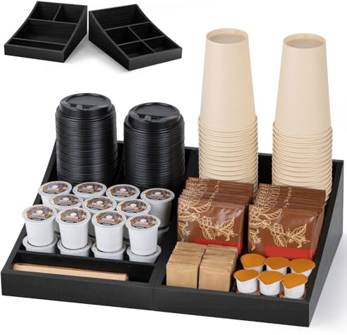 ANBOXIT Coffee Station Organizer for Countertop, Condiment Storage Caddy, Coffee Bar Supplies Organizer for Home, Office and Breakroom - Wooden, Black, 9 Compartment, Two-in-One