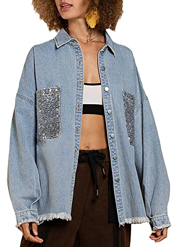 Fashion's Fashion Sequin Jean Jean Jean Chaqueta De Manga Larga Botón Deshilachada,Azul,L