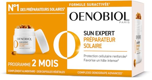 OENOBIOL Sun Expert Solar-Vorbereitungsmittel, verstärkter Zellschutz, fördert eine intensive und strahlende Bräune, Nahrungsergänzungsmittel, 2 x 30 Kapseln, 2 Monate