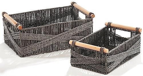 Kobolo Aufbewahrungskorb Regalkorb Korb - Set aus Zwei Größen - Papier - Holzgriffe - grau