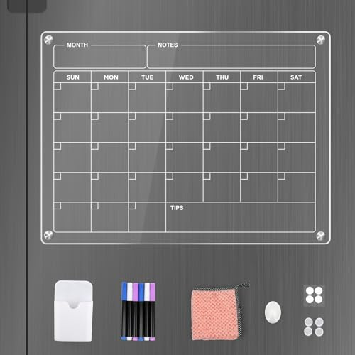Acryl Kalender für Kühlschrank,1xWhiteboard Monatsplaner Abwischbar 40 x 30cmx2.8mm(T) Transparent Kühlschrankkalender Magnetisch mit 6 Markern+1xMagnetstifthalter,BOMEI PACK